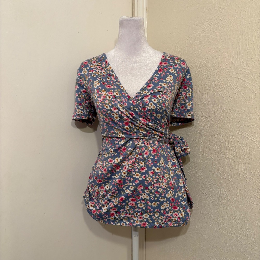 Hello Miz Baby Blue Pink Floral Short Sleeve Wrap Top w Faux Bolero Ruched L